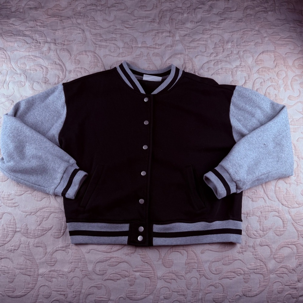 No Boundaries Women's Black Gray Varsity Letterman Jacket Snap Front Fleece L